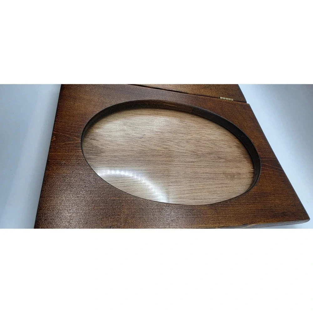 Vintage Folding Wood Picture Frame Dark Brown Hinged Oval Photo Window 5x7 8x6